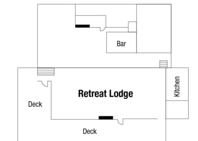 Retreat Lodge - Decks on the West and South, Bar on the North, and The Kitchen to the East